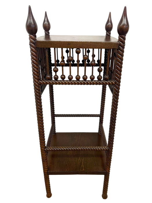Vintage Barley Twist Wood Plant Stand / Side Table with Turned Spindle Gallery and Finials
