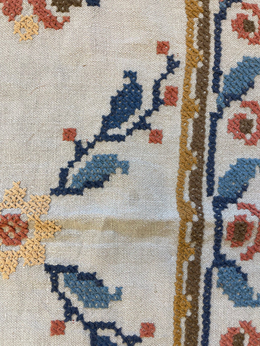 Vintage Hand-Embroidered Possibly Wool and Linen Floral Folk Art Rug with Geometric Border