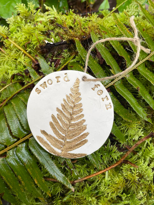 Handmade Clay Botanical Ornament Made with Real Pressed Plants, Sword Fern