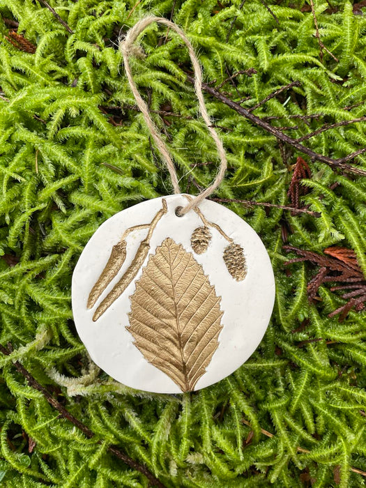 Handmade Clay Botanical Ornament Made with Real Pressed Plants, Red Alder