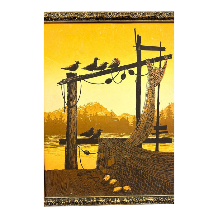 Vintage Walton Butts "Fishnets" Signed Serigraph – Mid-Century Modern Coastal Harbor Silkscreen Print.