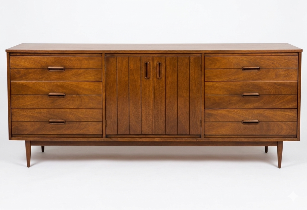 Vintage Mid Century Modern Walnut 9-Drawer Triple Dresser Dovetailed Drawers