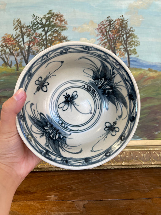 Vintage Bat Trang Vietnamese Ceramic Bowl with Hand-Painted Dragonfly Motif