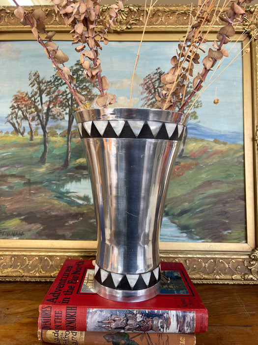 Vintage Towle Silversmiths Modernist Metal Vase with Black and Mother-of-Pearl Geometric Inlay