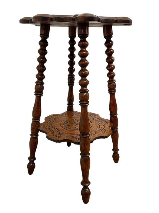 Vintage Carved Occasional Table with Barley Twist Legs and Inlaid Geometric Top & Shelf