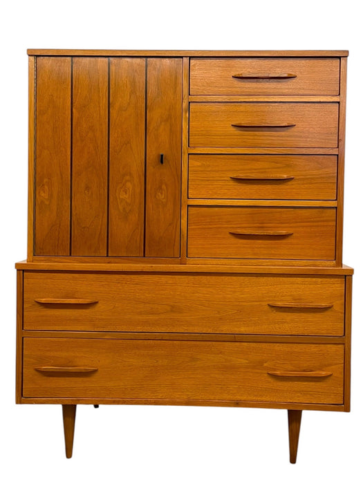 Vintage Mid Century Modern Gentleman's Chest Highboy Dresser with Cabinet and Sculpted Pulls