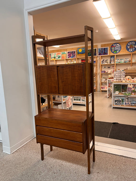 Vintage Mid Century Modern Free Standing Room Divider Wall Unit Cabinet with 3-Drawers and Finished Back