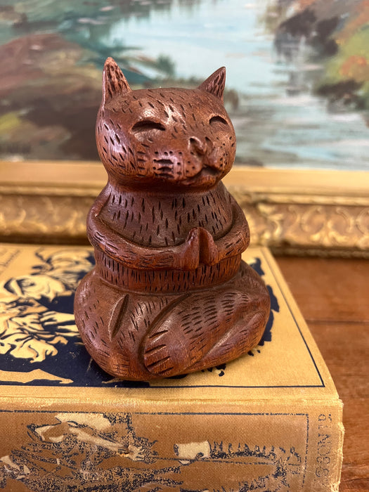 Handmade Solid wood Yoga Cat Sculpture.