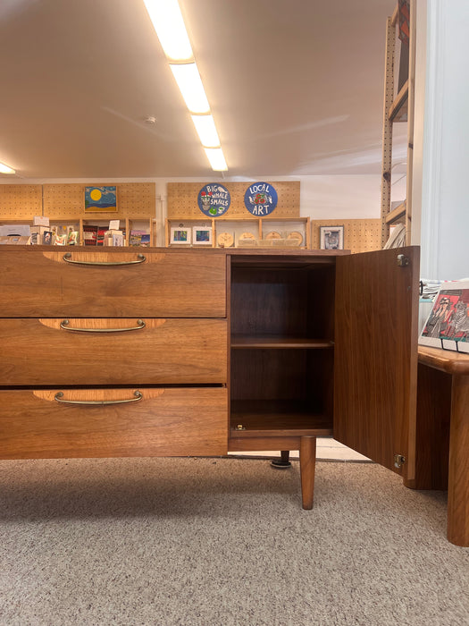 Vintage Mid Century Modern Solid Walnut Dresser with Six Drawers and aCabinet Brass Hardware by Lane Furniture Altavista Line