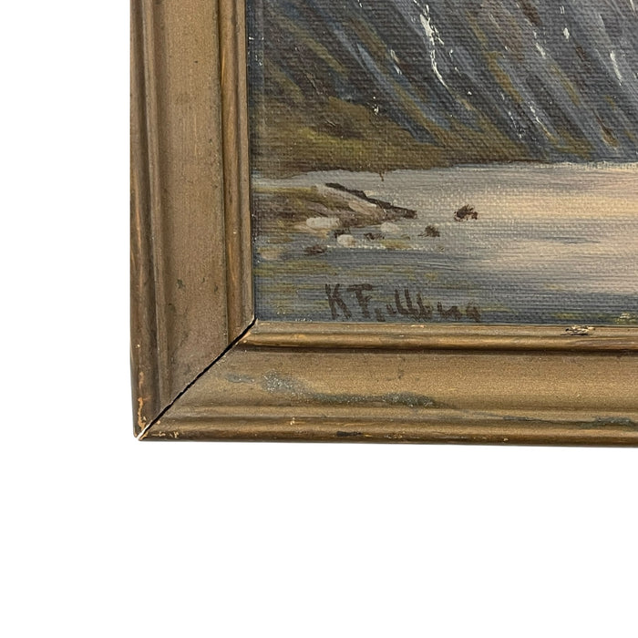 Vintage Signed K. Fjeilberg Mountain Landscape Painting with Sailboats in Gilt Wood Frame Possibly 1930s Norway