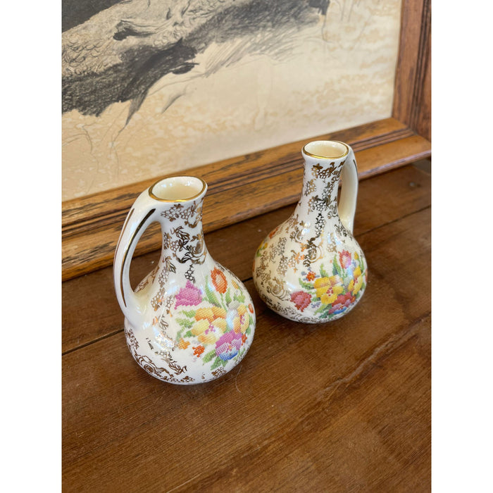 Pair of Vintage White Vases With Flower Motif