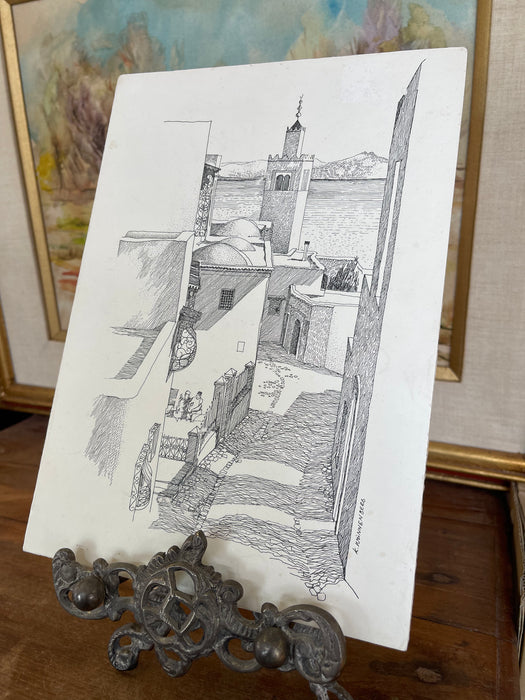 Vintage 1971 Tunis Tunisia Architectural Ink Drawing by K. Winnenberg, Street Scene Artwork