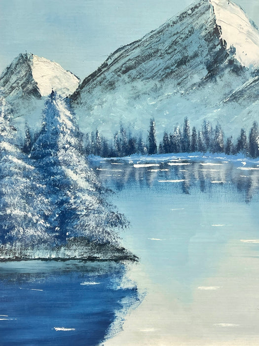 Vintage Framed Snow-Capped Mountain Lake Landscape Painting, Signed, Blue Tonal Scenic Wall Art.