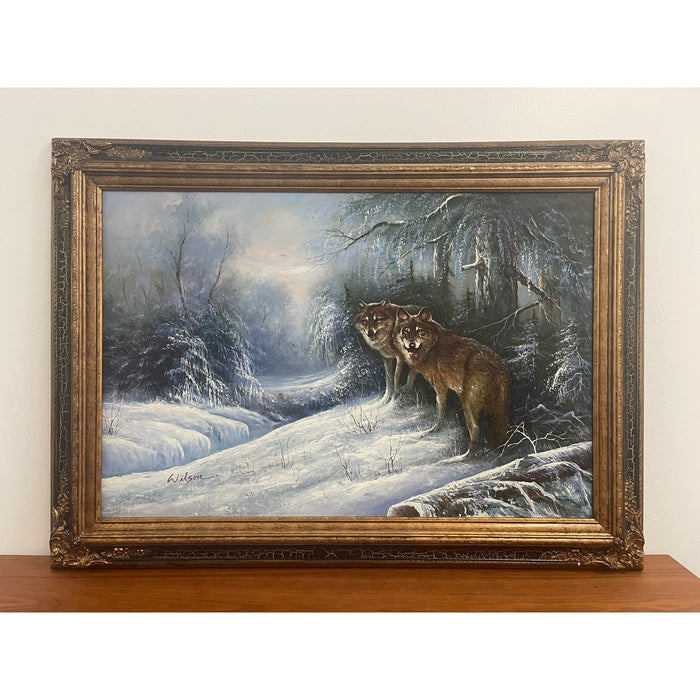 Vintage Framed and Signed Painting of Wolves in the Woods