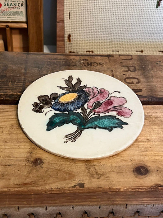 Vintage Hand Painted Round Floral Ceramic Tile Coaster.(online purchase only)