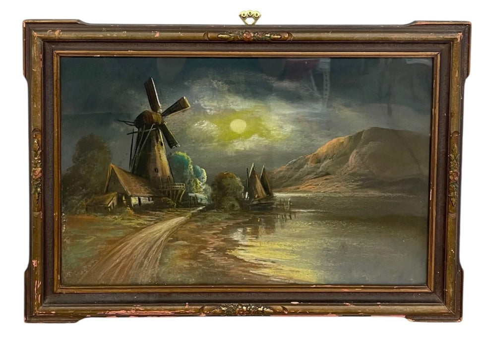 Vintage Framed Moonlit Windmill Landscape Painting with Coastal Harbor Scene
