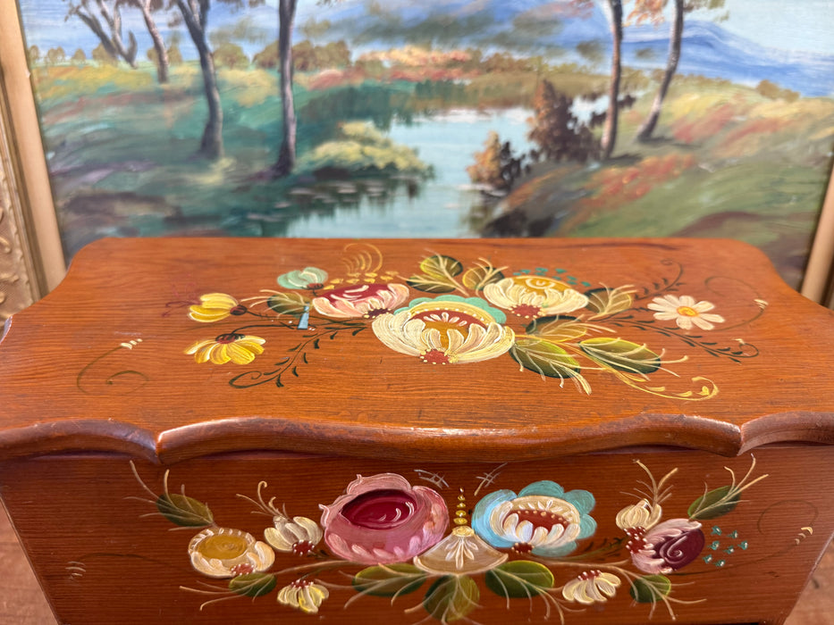 Vintage Hand-Painted Wooden Jewelry Trinket Box - Folk Art Style Floral Organizer Primitive Storage Chest