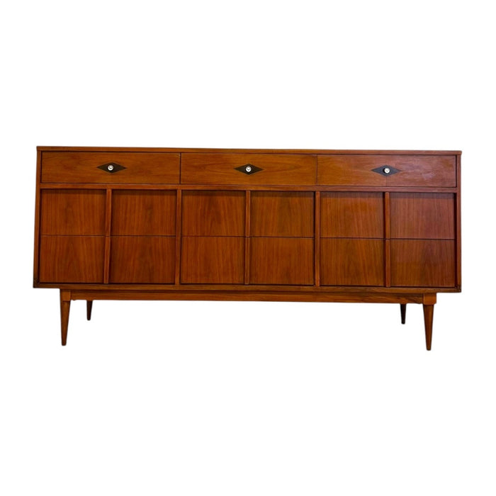 Vintage Mid-Century Modern Walnut 4-Piece Bedroom Set With Diamond Parquet Accent Inlay– Highboy, Long Dresser, & End Table Set