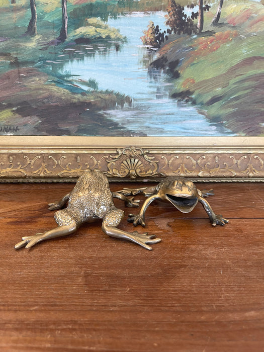 Pair of Vintage Brass Toned Crouching Frog Sculptures with Open Mouth and Textured Detailing.