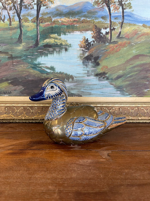 Vintage Chinese Cloisonné and Ceramic Duck Figurine with Hand-Painted Detailing