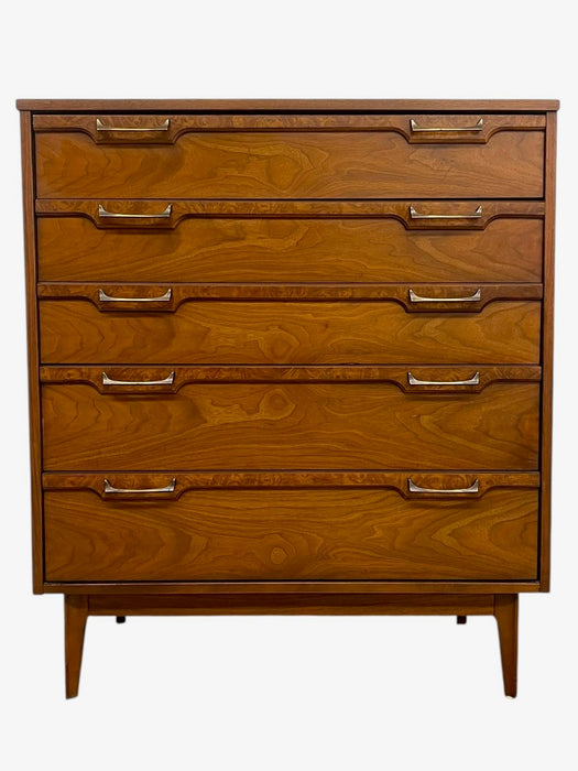Vintage Mid Century Modern Four Drawer Dresser with Sculpted Drawer Fronts and Brass-Toned Pulls