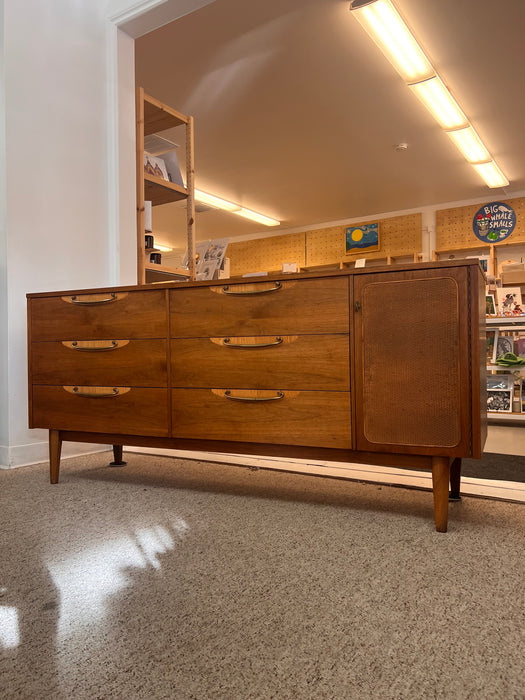 Vintage Mid Century Modern Solid Walnut Dresser with Six Drawers and aCabinet Brass Hardware by Lane Furniture Altavista Line