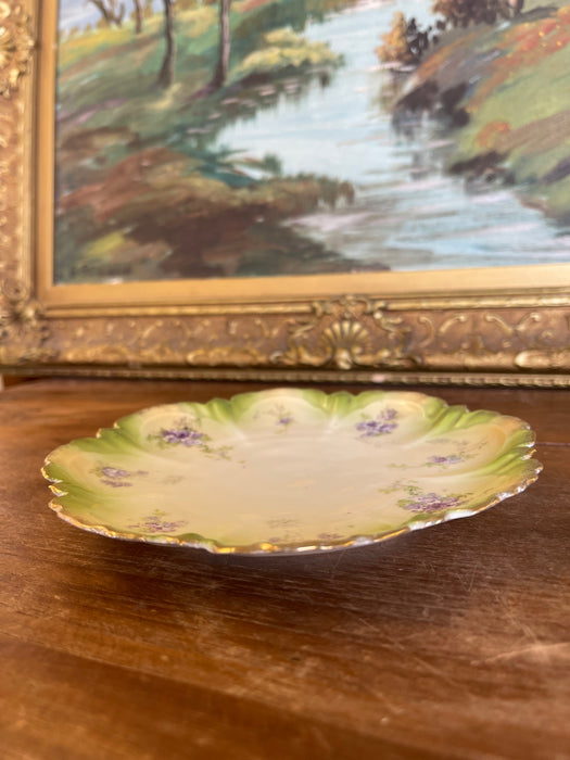 Hand-Painted Cabinet Plate with Green and Gold Toned Ombre Border and
Purple Floral Sprays