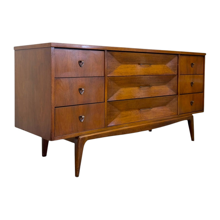 Mid-Century Modern Nine-Drawer Dresser or Credenza with Diamond Faceted Drawers