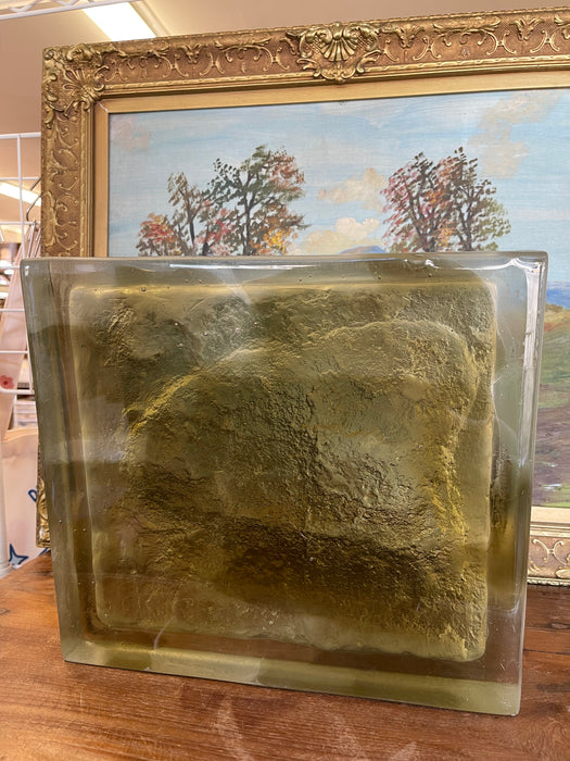 Vintage Brutalist Style Cast Glass Block Sculpture with Textured Relief Surface