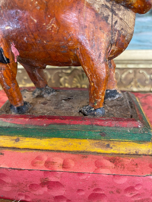 Likely Antique Hand-Carved Wooden Cow Figurine on Painted Base - Folk Art Sculpture