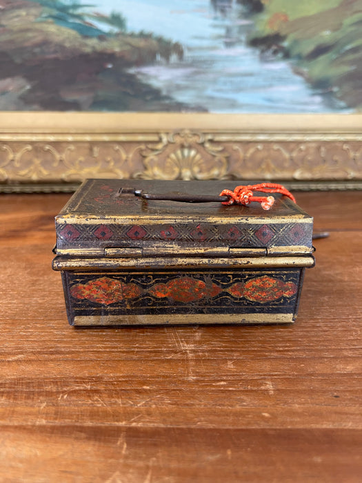 Likely Antique Toleware Painted Tin Lock Box with Key, 19th Century