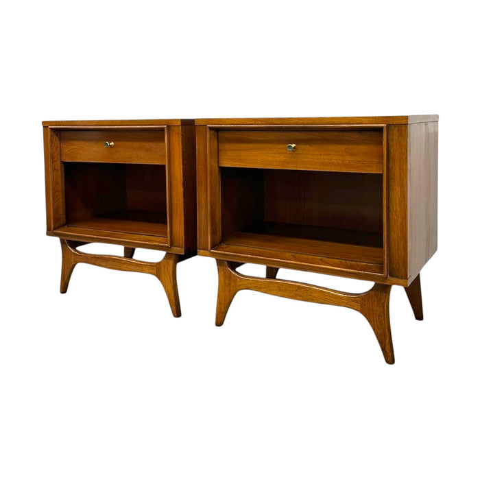 Vintage Mid Century Modern Walnut Nightstands with Sculpted Stretcher Base and Faux Turquoise Handle Inlay- Pair