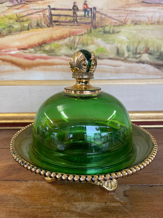 Vintage Green Glass Covered Candy Dish with Pedestal Base and Brass-Toned Mount
