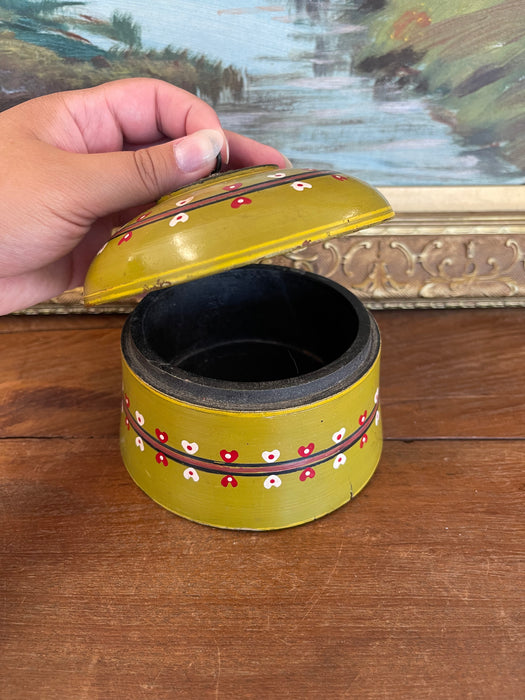 Vintage Hand-Painted Lacquered Wood Lidded Box with Heart Motif