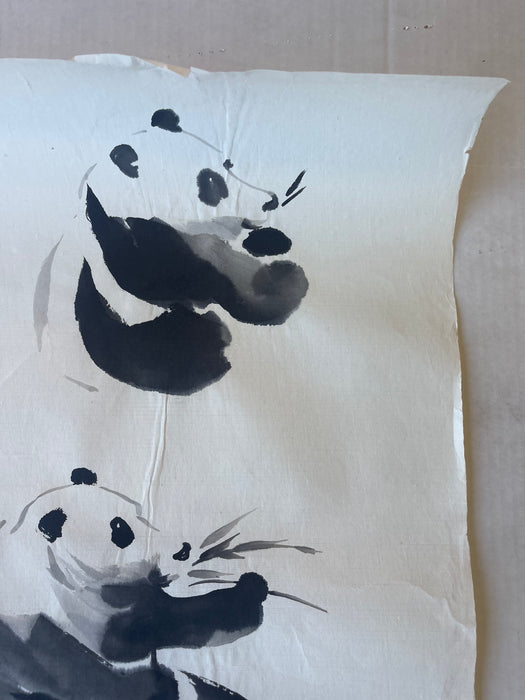 Vintage Chinese-Style ink Painting of Pandas on Rice Paper, Signed J.R Gaston