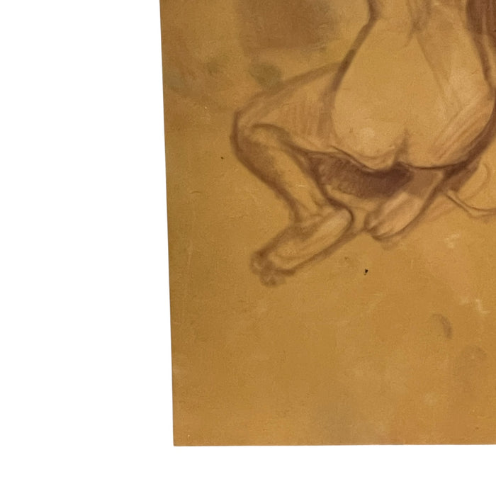 Vintage Seated Female Nude Figure Drawing on Toned Paper, Figurative Life Study