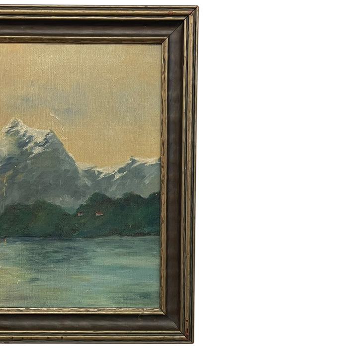 Vintage Framed Mountain Landscape Painting, Snow-Capped Peaks at Sunset, Mid-Century Scenic Wall Art.