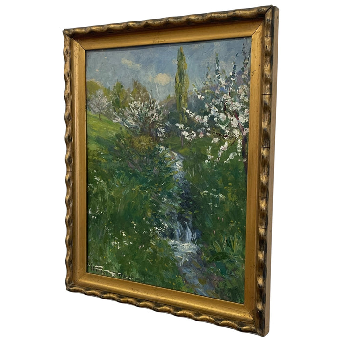 Vintage Impressionist Spring Landscape Painting with Stream in Gilt Toned Frame.