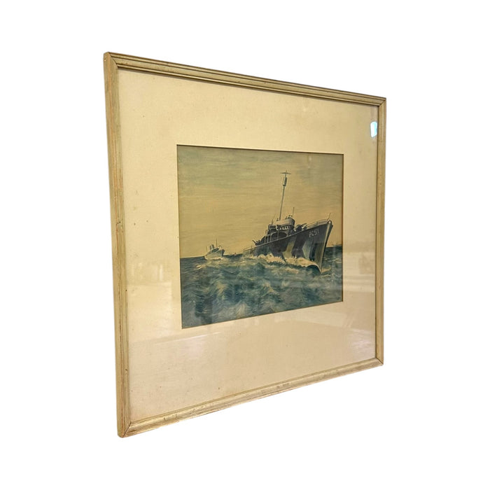 Original WWII US Navy PC-571 Submarine Chaser Gouache Painting – Vintage Framed Maritime Military Art