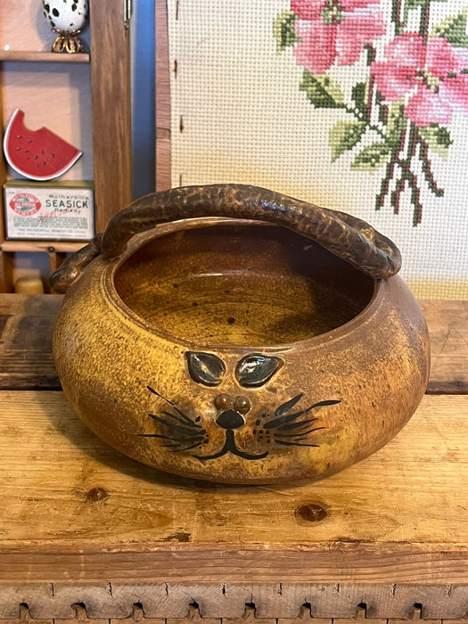 Vintage Handmade and signed Cat Bowl with handle.