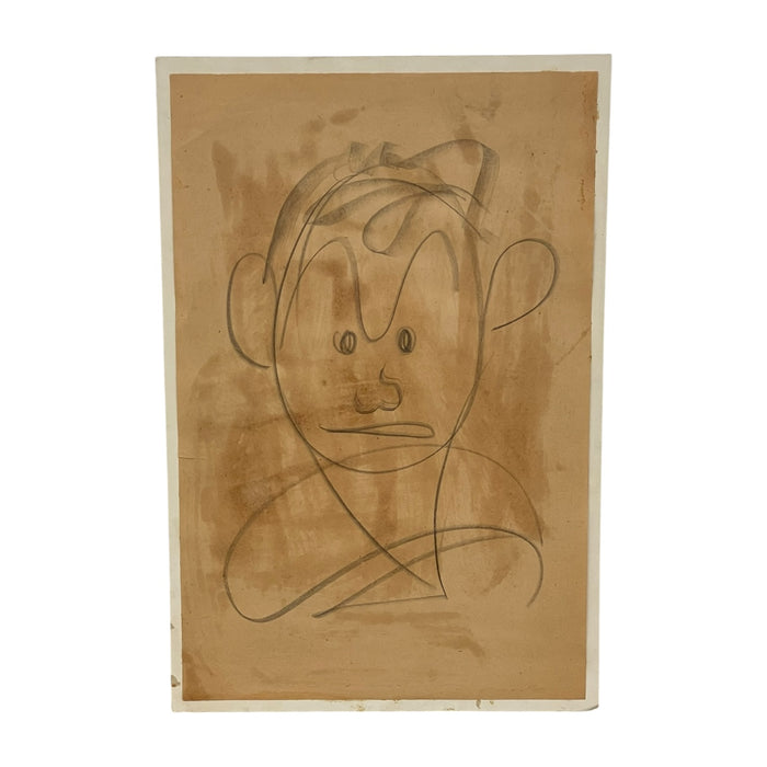 Vintage Abstract Portrait Drawing on Toned Paper by Jerry Owens, Modernist Figurative Artwork.