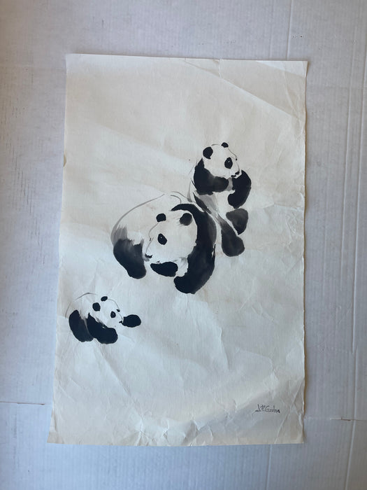 Vintage Chinese Brush Painting of Panda Family by J.P. Gaston - Sumi-e Style Wildlife Ink Art on Rice Paper.