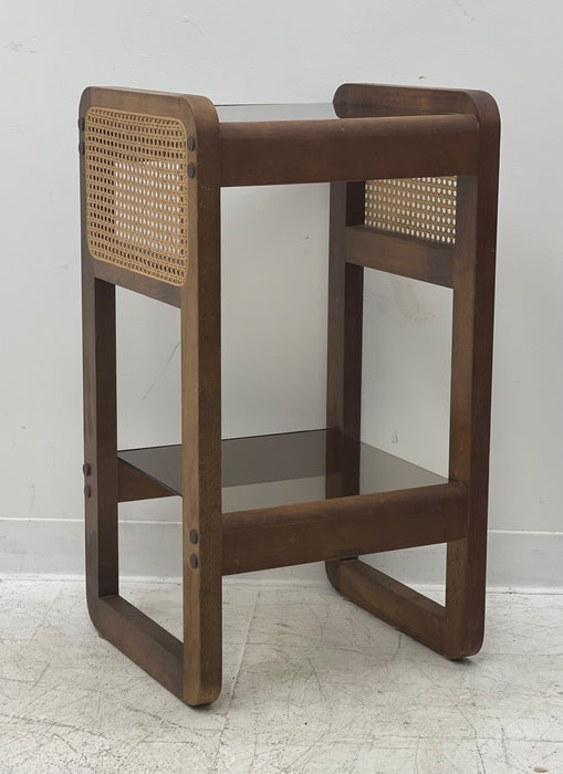 Art Deco walnut side table with Rattan and glass top