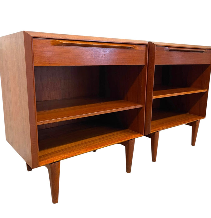 Vintage Danish Mid-Century Modern Teak Nightstands or Bedside Tables with Drawer and Adjustable Open Shelves - Pair