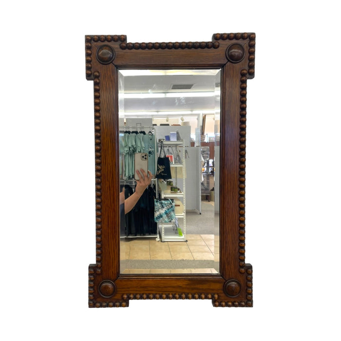 Antique Bobbin Turned Oak Wall Mirror – Arts and Crafts Style Spool Beaded Wood Frame with Beveled Glass