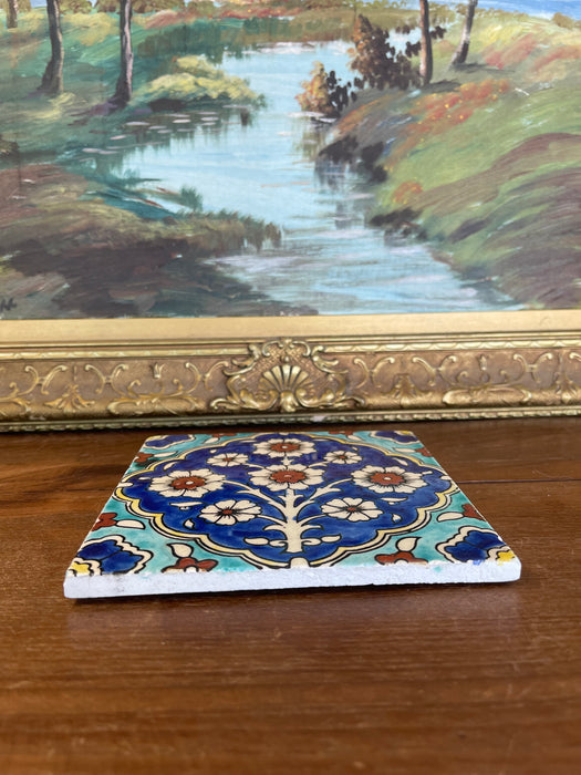 Hand-Painted Glazed Ceramic Tile with Ottoman Floral Motif in Cobalt and Turquoise