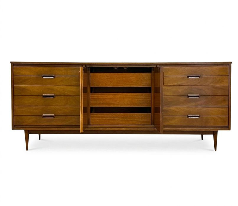 Vintage Mid Century Modern Walnut 9-Drawer Triple Dresser Dovetailed Drawers