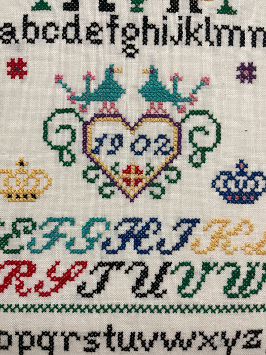 Vintage Hand-Stitched Cross Stitch Alphabet Sampler Needlework Folk Art Textile