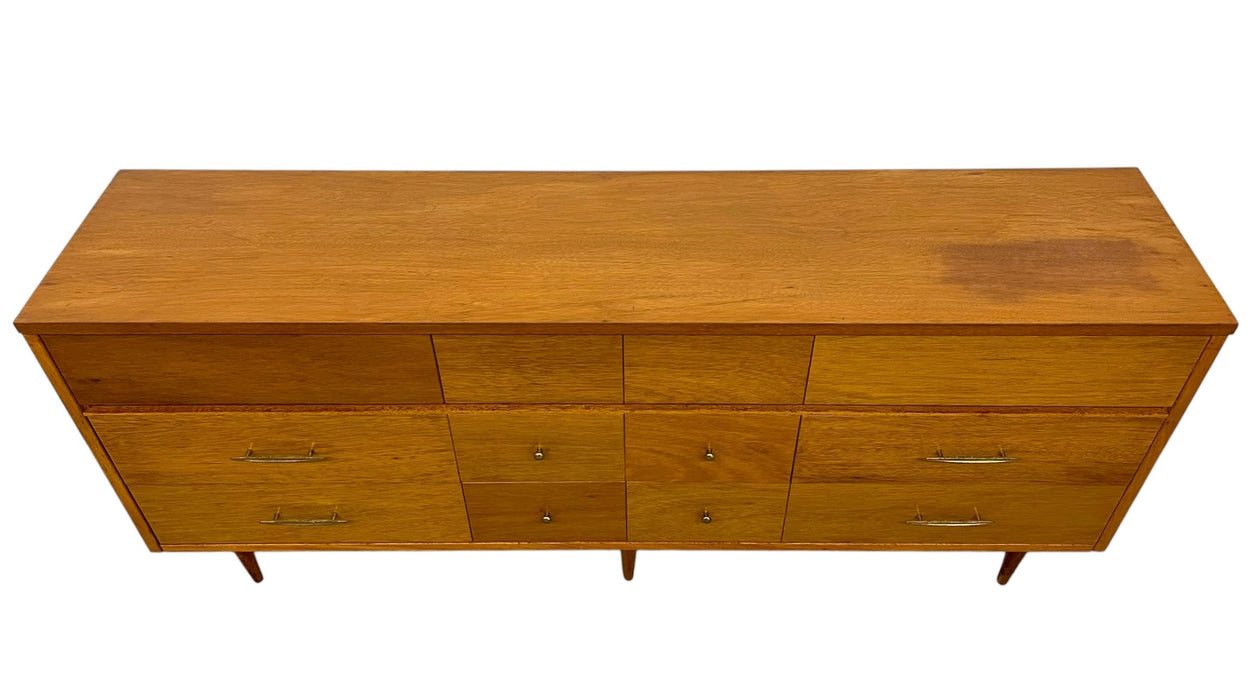 Vintage Mid Century Modern Credenza Dresser with 12 Drawers, Tapered Legs and Brass-Toned Hardware