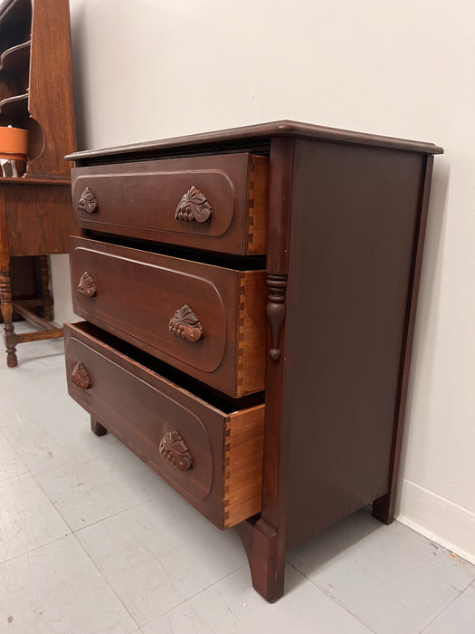 Vintage Mahogany Wood Dresser 3-Dovetailed Drawers with Solid Wood Ornate Pine Cone Handle Design